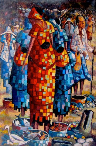 Rhode Makoumbou › Schilderij: «La foule du marché» • ID › 8
