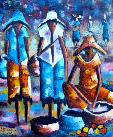 Rhode Makoumbou › Peinture : «Le marché du village» • ID › 168