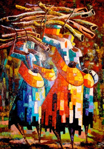 Rhode Makoumbou › Peinture : «Les paysannes» (2002) • ID › 71