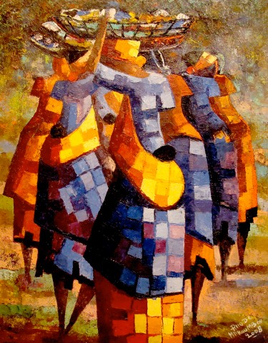 Rhode Makoumbou › Peinture : «Les porteuses du marché (2)» • ID › 160